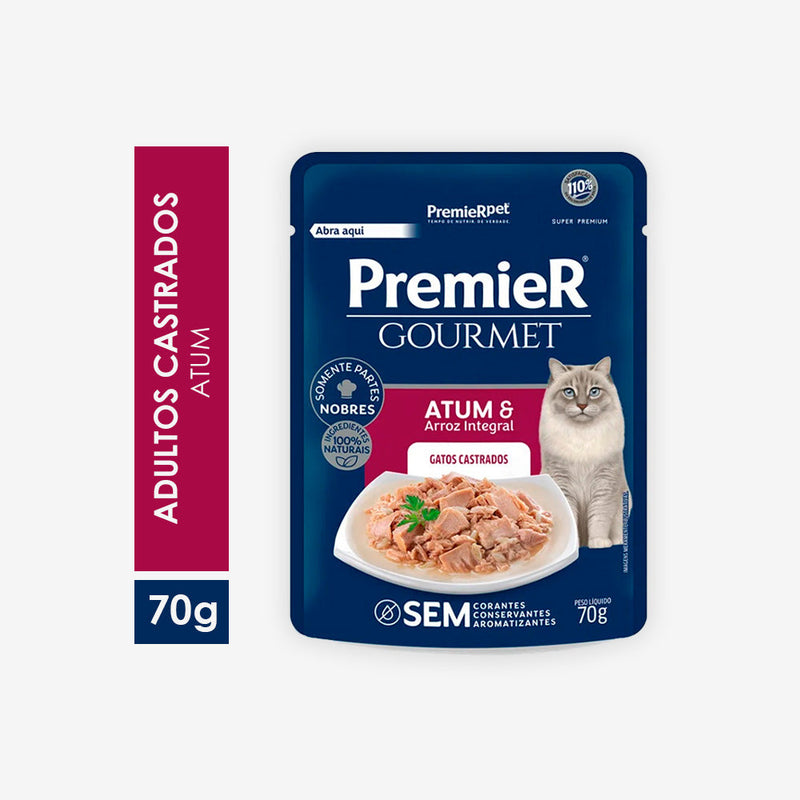 Ração Úmida Premier Gourmet Para Gatos Adultos Castrados sabor Atum e Arroz integral 70g