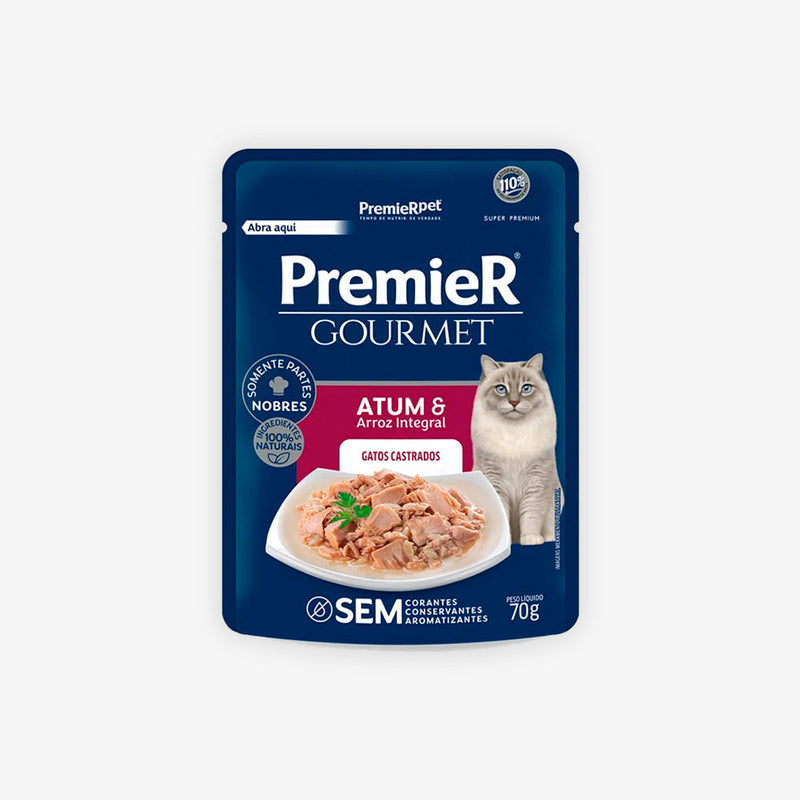 Ração Úmida Premier Gourmet Para Gatos Adultos Castrados sabor Atum e Arroz integral 70g