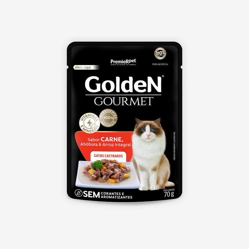 Ração Úmida Golden Gourmet para Gatos Castrados Sabor Carne 70g