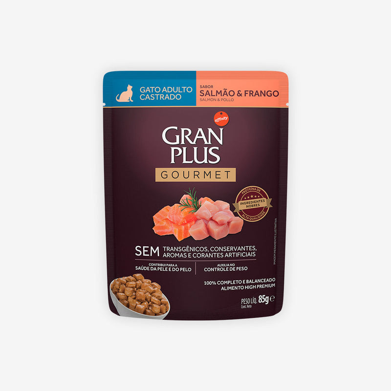 Ração Úmida GranPlus Gourmet Sachê para Gatos Adultos Castrados Sabor Salmão e Frango 85g