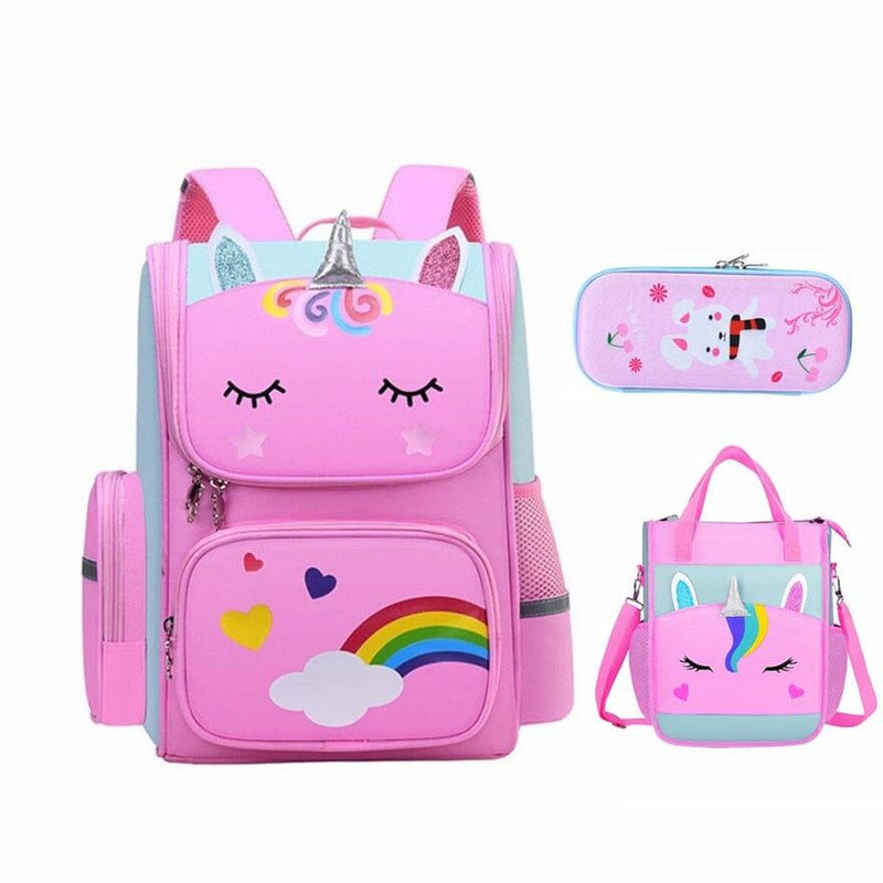 Mochila Escolar Feminina Arco Íris Com Estojo e Lancheira Mochila Escolar - Bolsas 001 Falco Rosa 